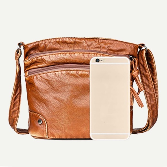 Rust Brown Vegan Leather Zipper Crossbody Bag - Picture 5 of 7